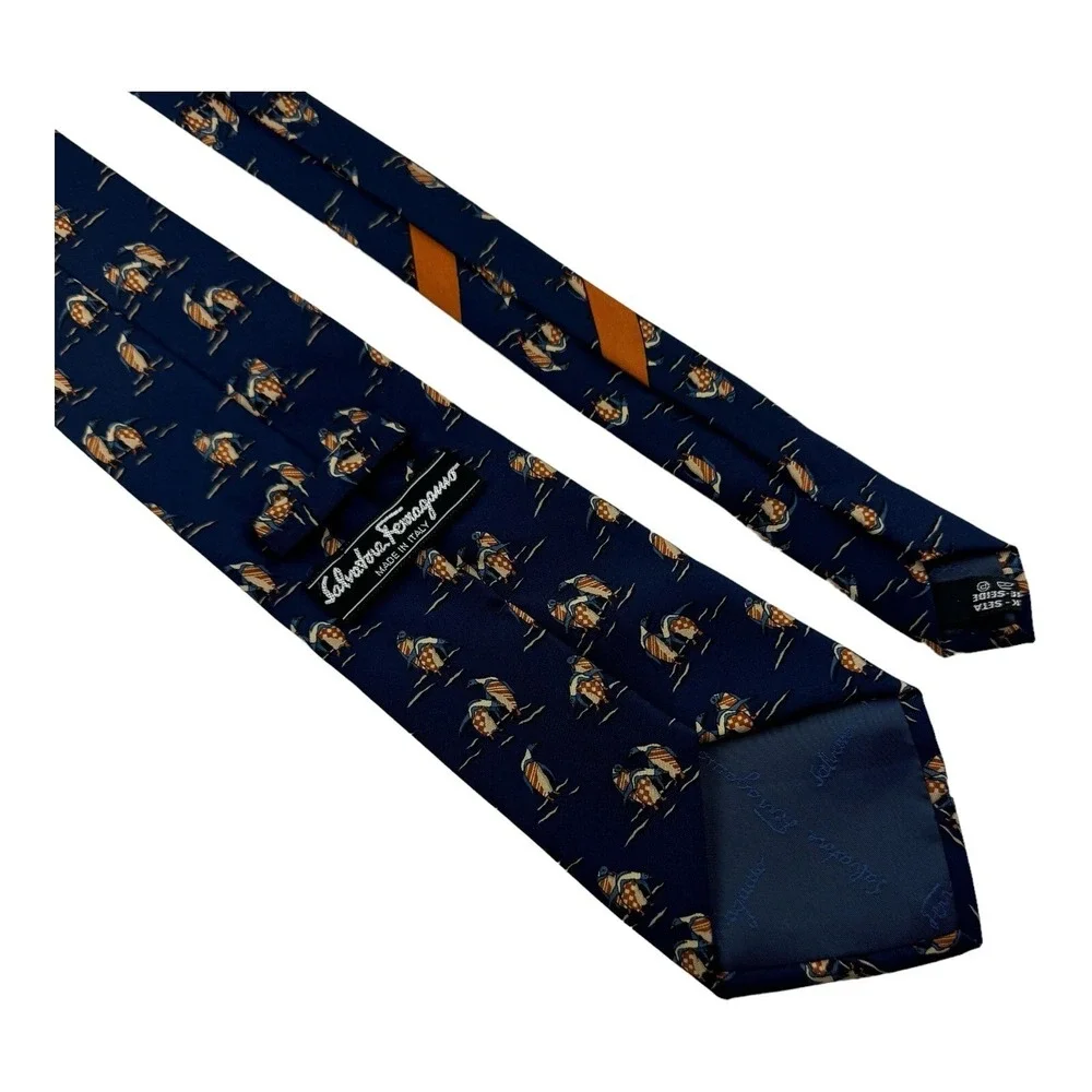 Salvatore Ferragamo Blue‎ w/ Orange Penguin Print Silk Neck Tie Size 3.5